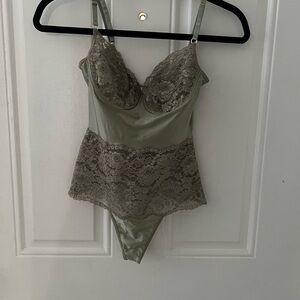 Hanro Satin and Lace Bodysuit in Olive Green